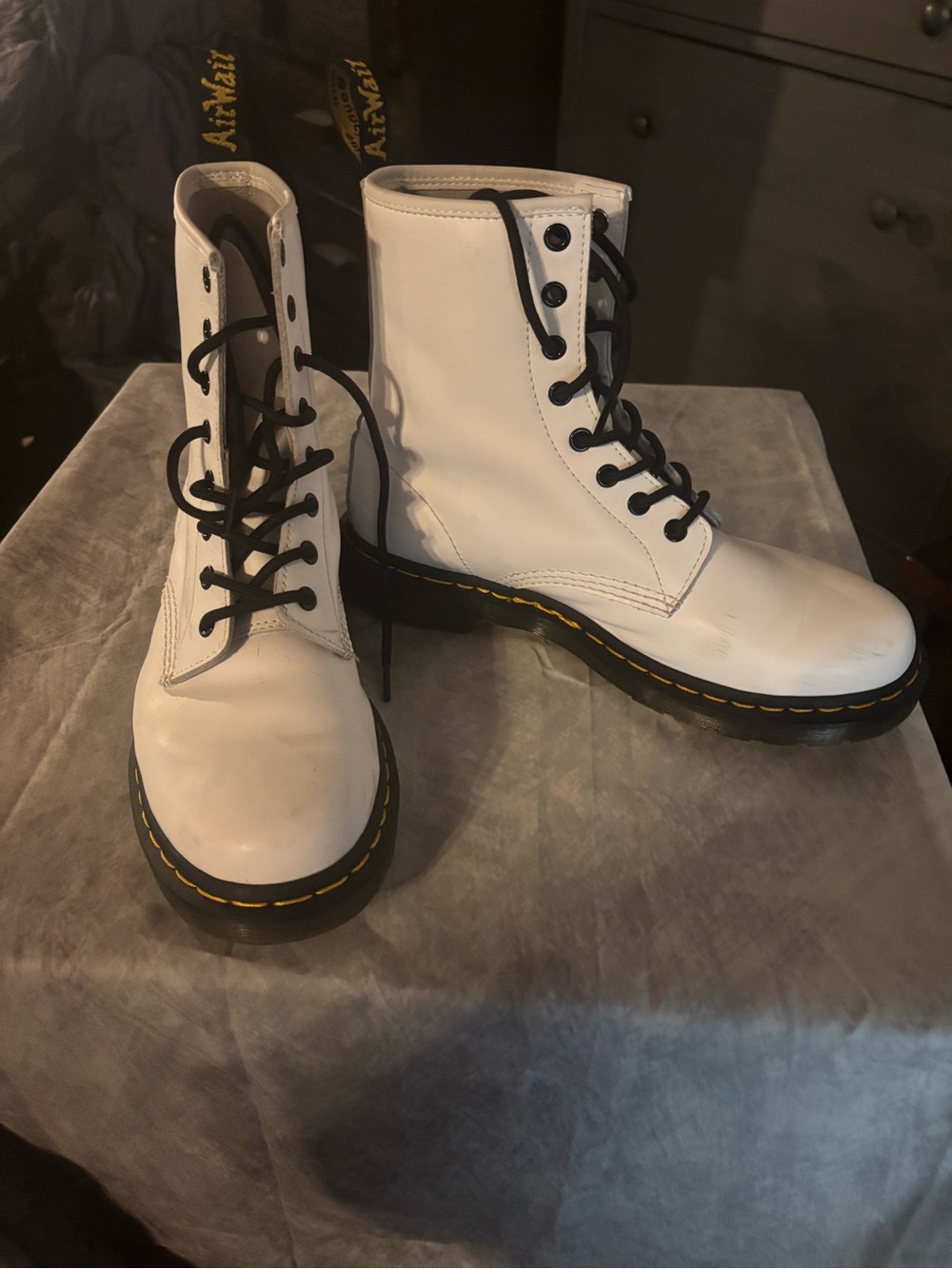 Dr. Martens White Leather 8-Eye Lace-Up Combat Boots with Black Laces